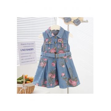 Rochie Blugi Fetițe Denim cu Imprimeu Roz și Curea Livia