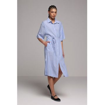 Rochie-camasa din amestec de in cu dungi si buzunare - Alb/Albastru lavanda