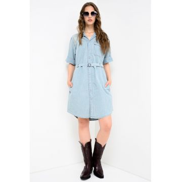 Rochie-camasa din material chambray cu o curea in talie - Albastru deschis