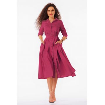 Rochie-camasa evazata cu cordon in talie - Roz inchis