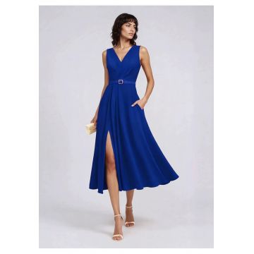 Rochie cocktail midi cu drapaje Amavi - Albastru royal