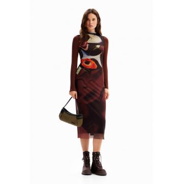 Rochie cu aspect 2in1 - Negru/Maro scortisoara/Portocaliu mandarina