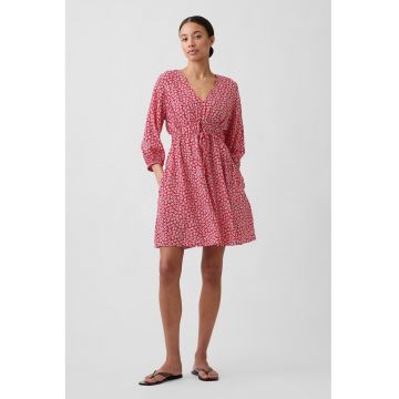 Rochie cu decolteu in V - model floral si buzunare - Rosu/Alb optic
