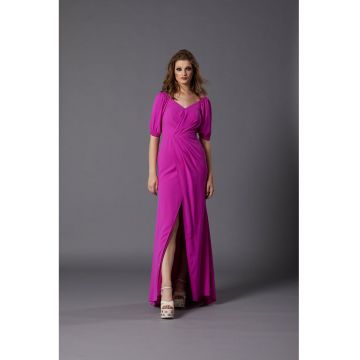 Rochie cu decolteu in V si maneci bufante Solica - Fucsia