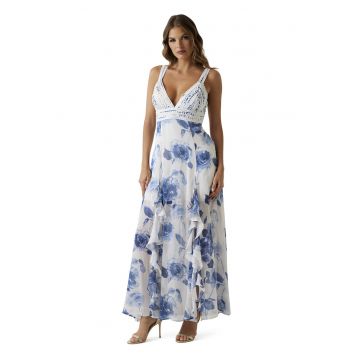 Rochie cu decolteu in V si model floral - Alb/Albastru