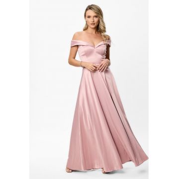 Rochie cu decolteu pe umeri si slit lateral adanc - Roz prafuit inchis