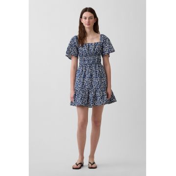 Rochie cu insertie elastica si decolteu patrat - Albastru inchis