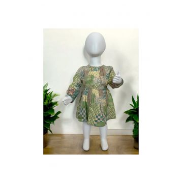 Rochie cu maneca lunga si elastic in talie -  - Botanic Garden - Bej & Verde - pentru fetite - Verde/Bej