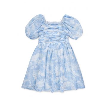 Rochie cu maneci bufante si imprimeu floral - Albastru pastel/Albastru pal
