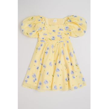 Rochie cu maneci bufante si imprimeu floral - Galben