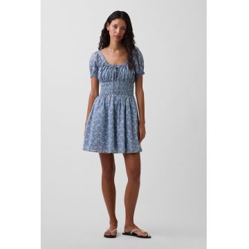 Rochie de bumbac cu talie elastica - Albastru inchis