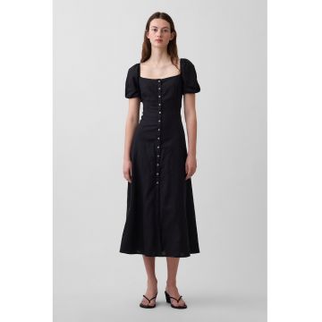 Rochie din amestec de in cu maneci bufante - Negru