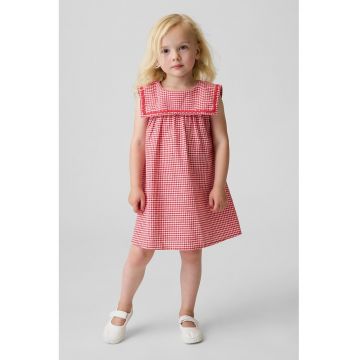 Rochie din amestec de in cu model gingham si guler - Roz pastel