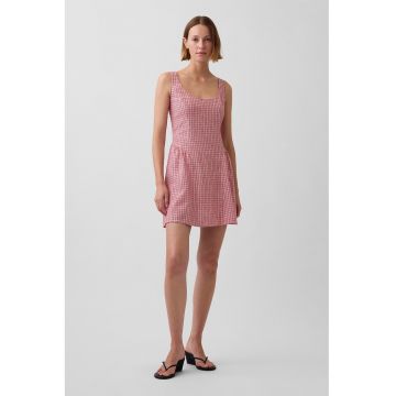 Rochie din amestec de in in carouri - Coral/Alb optic