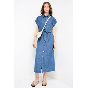 Rochie din denim cu maneci scurte si buzunare - Albastru prafuit