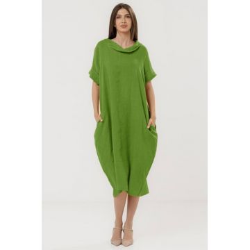 Rochie din in cu croiala oversized si guler lejer, verde deschis