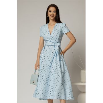 Rochie DY Fashion bleu cu buline cu decolteu petrecut si cordon in talie