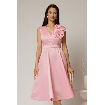 Rochie DY Fashion din tafta roz cu floare ampla cu perla pe umar