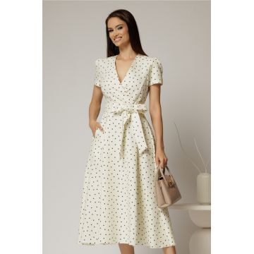 Rochie DY Fashion ivoar cu buline cu decolteu petrecut si cordon in talie