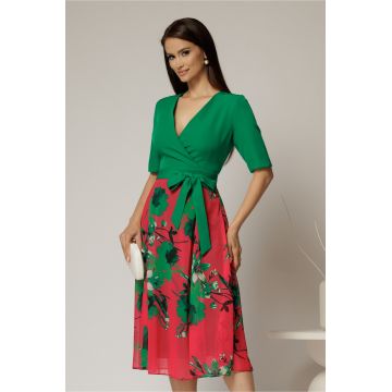 Rochie DY Fashion office din stofa si voal verde cu imprimeu pe fusta