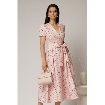 Rochie DY Fashion roz cu buline cu decolteu petrecut si cordon in talie