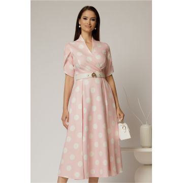 Rochie DY Fashion roz cu buline cu decolteu si maneci petrecute