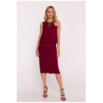 Rochie eleganta cu top dublu si insertie de dantela - burgundy