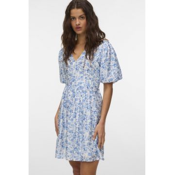 Rochie evazata cu imprimeu floral - Alb/Albastru