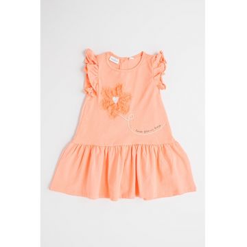 Rochie evazata din amestec de bumbac cu aplicatie florala - Roz somon