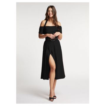 Rochie evazata din amestec de in cu slit lateral adanc Chimera - Negru -