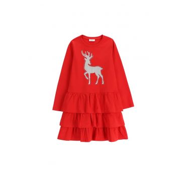 Rochie fete -  bumbac/elastan - Rosu/Gri