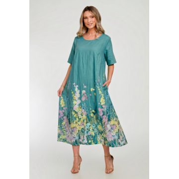 Rochie lunga A-line cu imprimeu floral, din poplin de bumbac, turcoaz