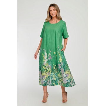 Rochie lunga A-line cu imprimeu floral, din poplin de bumbac, verde