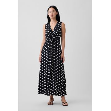 Rochie lunga cu model cu buline si decolteu in V - Negru/Alb optic