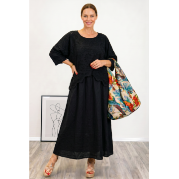 Rochie lunga din bumbac cu suprapunere, broderie perforata si croi lejer boem, neagra