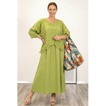 Rochie lunga din bumbac cu suprapunere, broderie perforata si croi lejer boem, verde deschis