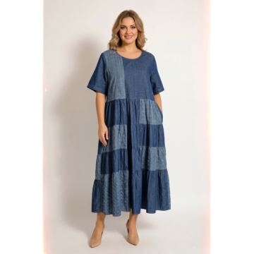 Rochie lunga din denim cudesign patchwork si croi lejer