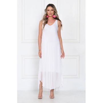 Rochie lunga din matase cu croi fluid si bretele fine, eleganta, alba