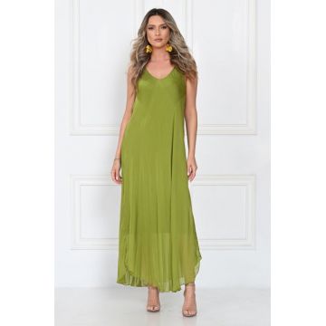Rochie lunga din matase cu croi fluid si bretele fine, eleganta, verde olive