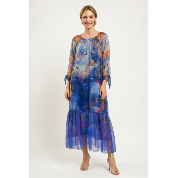 Rochie lunga din matase si vascoza, cu imprimeu floral artistic, albastru electric