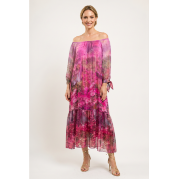 Rochie lunga din matase si vascoza, cu imprimeu floral artistic, fucsia
