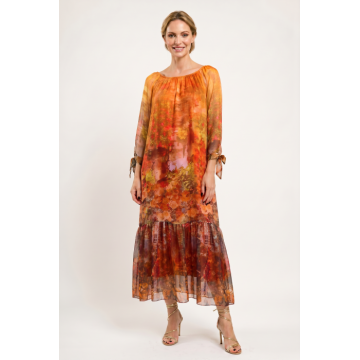 Rochie lunga din matase si vascoza, cu imprimeu floral artistic, portocalie