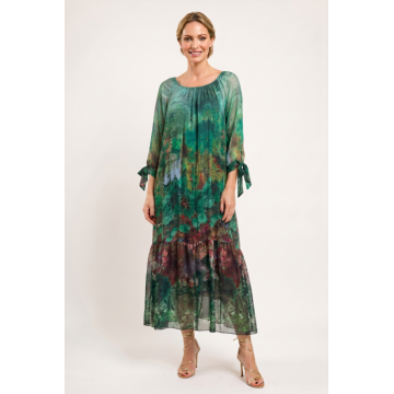 Rochie lunga din matase si vascoza, cu imprimeu floral artistic, verde