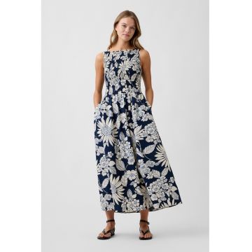 Rochie lunga si evazata cu insertie elastica - Alb murdar/Bleumarin