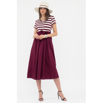 Rochie marinar din tricot cu dungi si poplin de bumbac, bordo