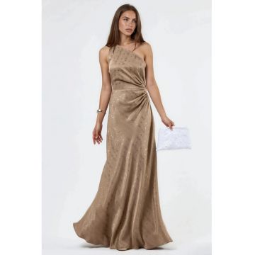 Rochie maxi -  asimetrica - cu un umar gol - maro - satin