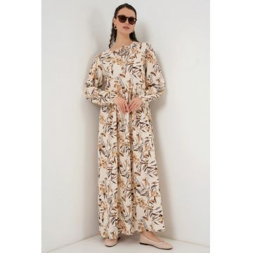 Rochie maxi  detaliu cu snur - bej - maneca lunga - viscoza