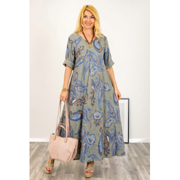 Rochie maxi din in foarte ampla cu imprimeu paisley, pe fond kaki