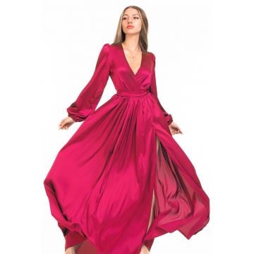 Rochie maxi evazata cu slit si model petrecut - Roz fucsia