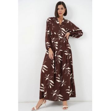 Rochie maxi  imprimeu - decolteu in V - Maro/Mocca